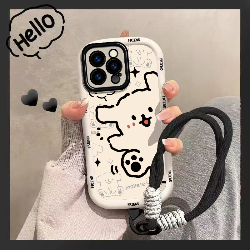 适用苹果17PROMAX手机壳挂绳16女款iphone13卡通14泡芙壳15线条12 泡芙壳白-线条狗+手绳 颜色款式图 3