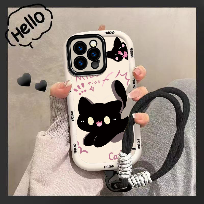 适用苹果17PROMAX手机壳挂绳16女款iphone13卡通14泡芙壳15线条12 泡芙壳白-白底小黑猫+手绳 颜色款式图 4