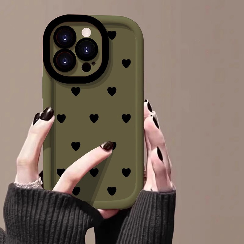 满屏黑色爱心适用苹果17手机16彩绘iPhone14promax硅胶泡芙15、13 泡芙壳-军绿满屏爱心 颜色款式图 6