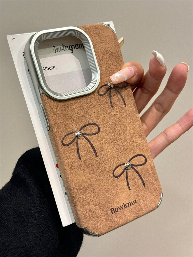 复古皮革棕色蝴蝶结适用苹果17promax手机壳iPhone14防摔13、11、12 天梯小羊皮-银色-蝴蝶结+钢珠 颜色款式图 6