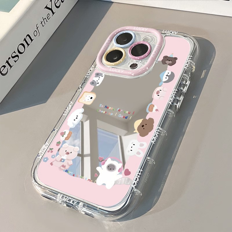 粉色镜面奶油壳适用苹果17全包手机壳卡通动物园iPhone14、16、13 商品主图