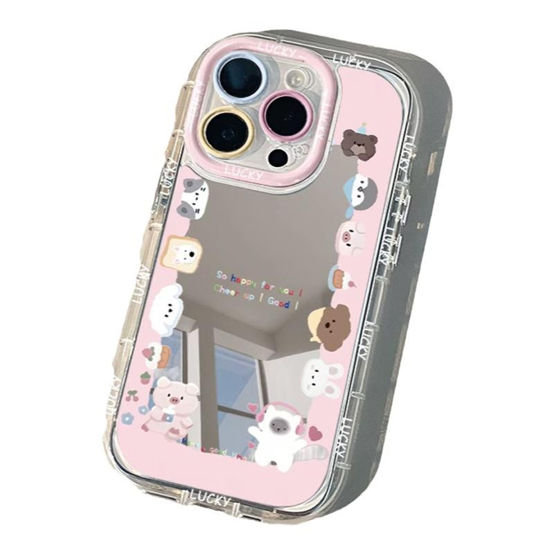 粉色镜面奶油壳适用苹果17全包手机壳卡通动物园iPhone14、16、13 商品主图