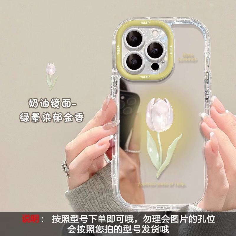 ins风紫色小碎花适用于苹果17promax手机壳iPhone14plus镜面16、13 镜面奶油壳--透明-郁金香 颜色款式图 8