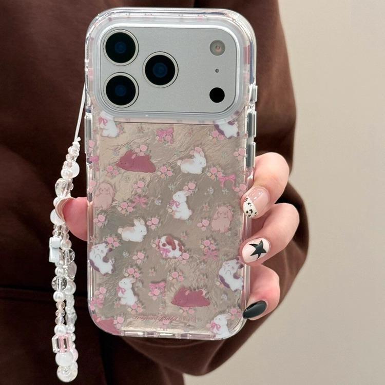 卡通锡纸纹小兔子小花适用iPhone17promax苹果16手机壳15新款14女 大孔锡纸纹-梦幻粉碎花小兔子+手链 颜色款式图 7