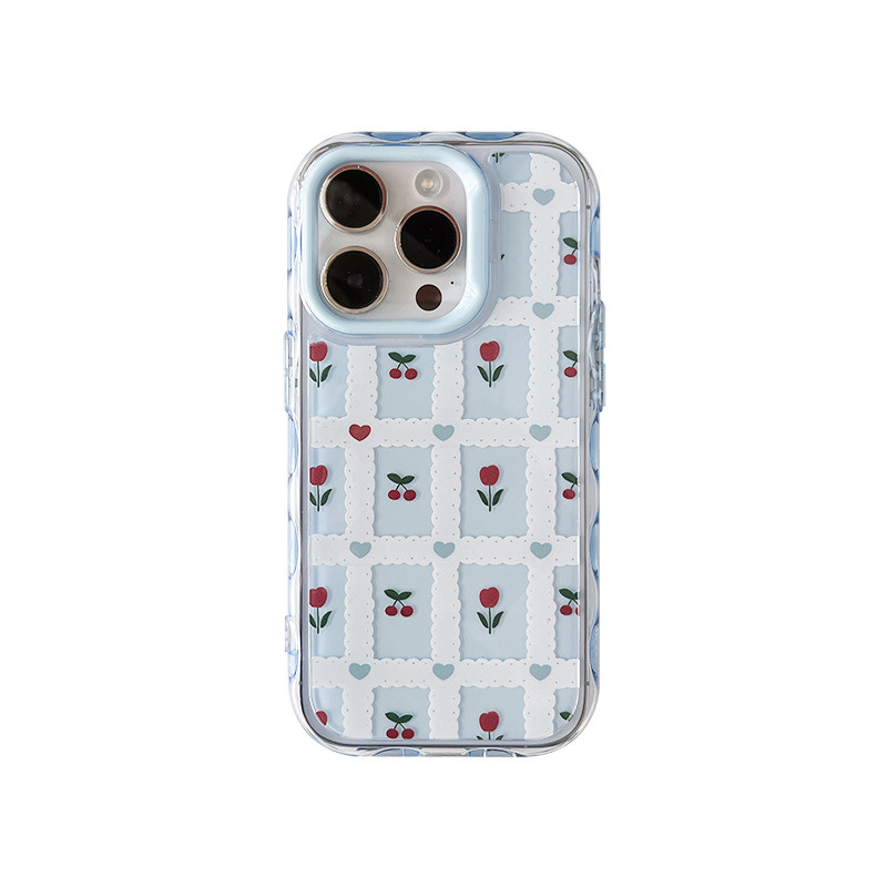 小清新闪钻花朵适用苹果17promax手机壳iPhone16创意14防摔13韩系 果冻波纹二合一【白蕾丝蓝格郁金香樱桃】 颜色款式图 7