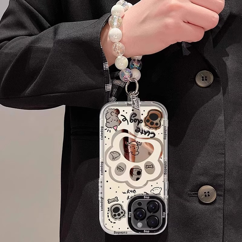 呆萌狗爪印适用苹果17promax手机壳iphone15pro卡通奶油镜面14、13 奶油镜面-呆萌狗爪印+透白珠链 颜色款式图 4