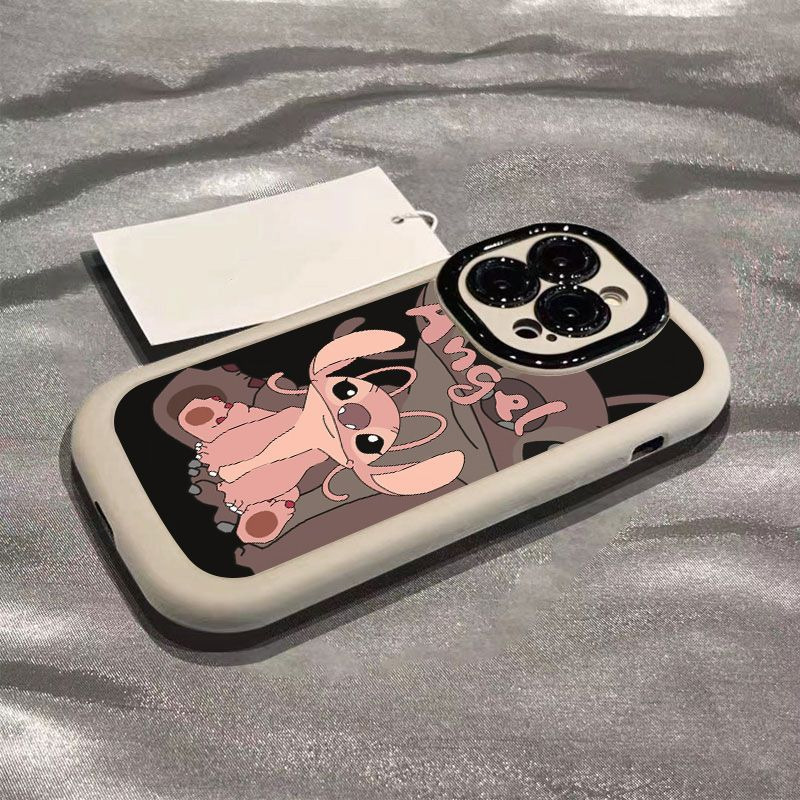 卡通史迪仔适用于苹果17promax手机壳iPhone15全包14、13情侣硅胶 泡芙壳奶白色-粉史迪仔 颜色款式图 2