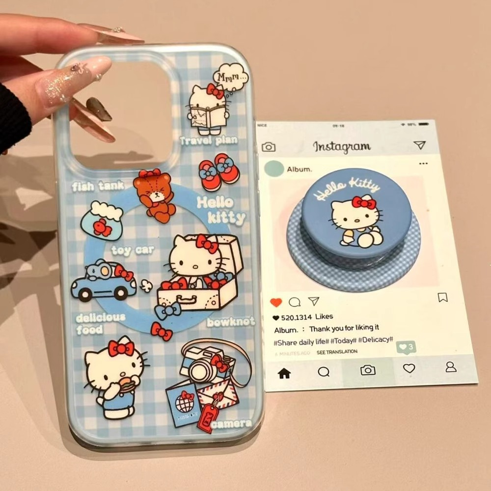 蓝格子凯蒂猫适用于苹果17PROMAX手机壳iPhone17防摔15轻奢14硬壳 大孔IMD磁吸-格纹行李KT+支架 颜色款式图 5