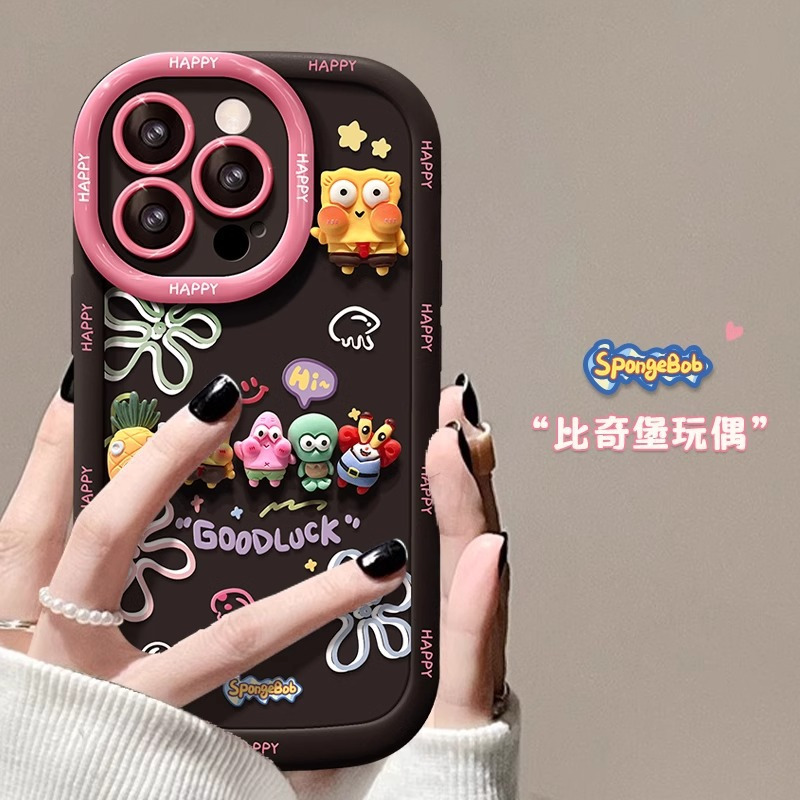 海绵宝宝公仔适用苹果17promax手机壳iPhone14plus肤感15、13mini 泡芙壳-黑色-珊瑚水母+海绵宝宝公仔 颜色款式图 4