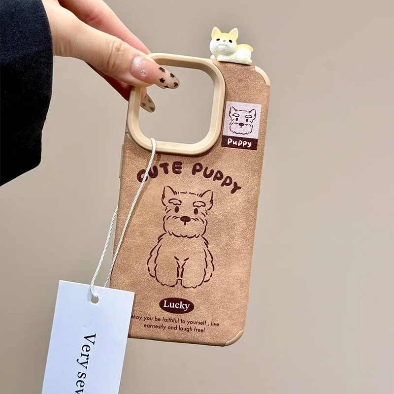 棕色皮质卡通立体雪纳瑞适用iPhone17promax手机壳15、13女16plus 线条雪纳瑞狗单壳+立体黄白趴趴狗 颜色款式图 4