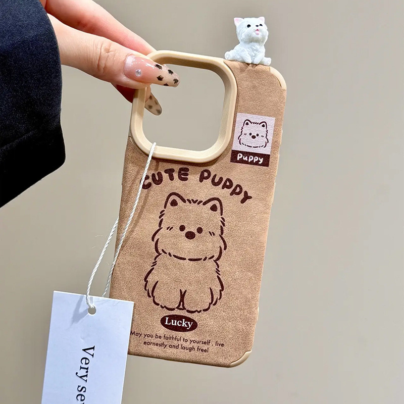 棕色皮质卡通立体雪纳瑞适用iPhone17promax手机壳15、13女16plus 线条西高地小狗单壳+立体坐立兔舌白狗 颜色款式图 8
