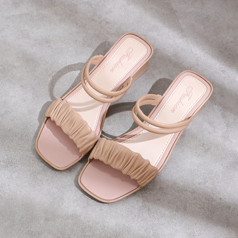 半拖凉鞋外穿一脚蹬懒人优雅高端气质欧美淑女休闲高跟凉拖鞋夏天 杏色 颜色款式图 3