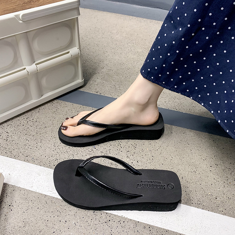 夏季女生耐磨海滩拖鞋人字拖女中跟新款户外防滑旅游外出外穿日常 黑色-高频3.5 颜色款式图 2