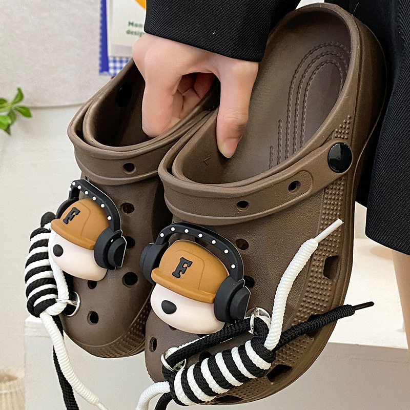 软底厚底网红款孕妇沙滩新款耐磨卡通拖鞋洞洞鞋女士防滑包头外穿 咖啡色-听歌小狗 颜色款式图 10