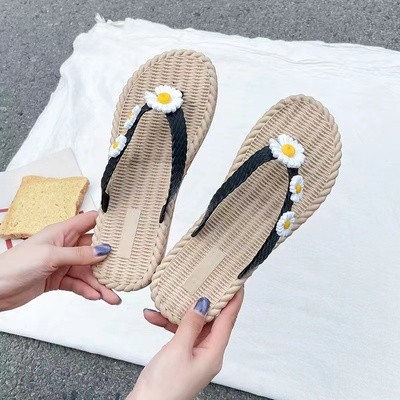 人字拖鞋女夏外穿菊花时尚居家用室内软底防滑沙滩夹脚凉拖鞋夹趾 黑色 颜色款式图 5