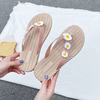 人字拖鞋女夏外穿菊花时尚居家用室内软底防滑沙滩夹脚凉拖鞋夹趾 粉色 颜色款式图 3