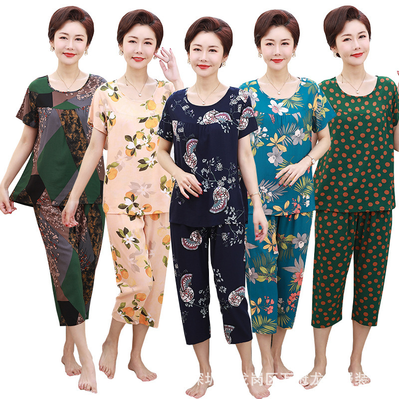 妈妈夏装新款棉绸套装大码奶奶老人衣服夏季短袖T恤衫中老年女装 多款多色混搭 颜色款式图 6