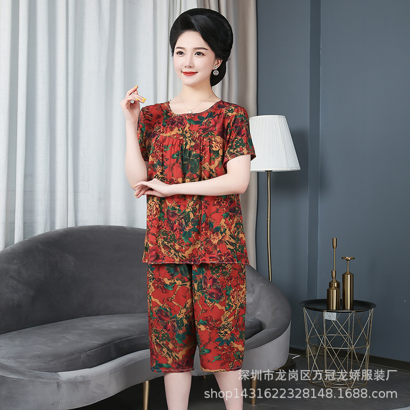 妈妈夏装新款棉绸套装大码奶奶老人衣服夏季短袖T恤衫中老年女装 商品详情图 19