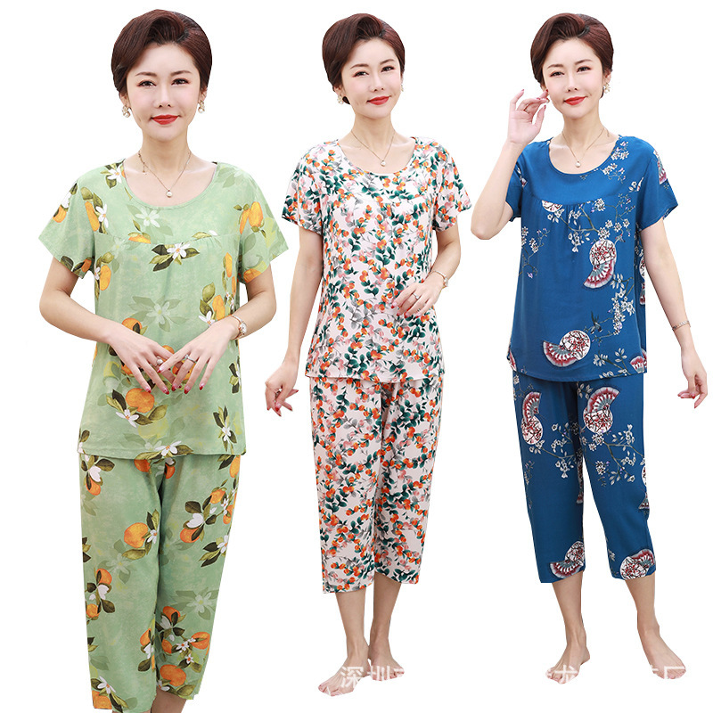 妈妈夏装新款棉绸套装大码奶奶老人衣服夏季短袖T恤衫中老年女装 商品主图