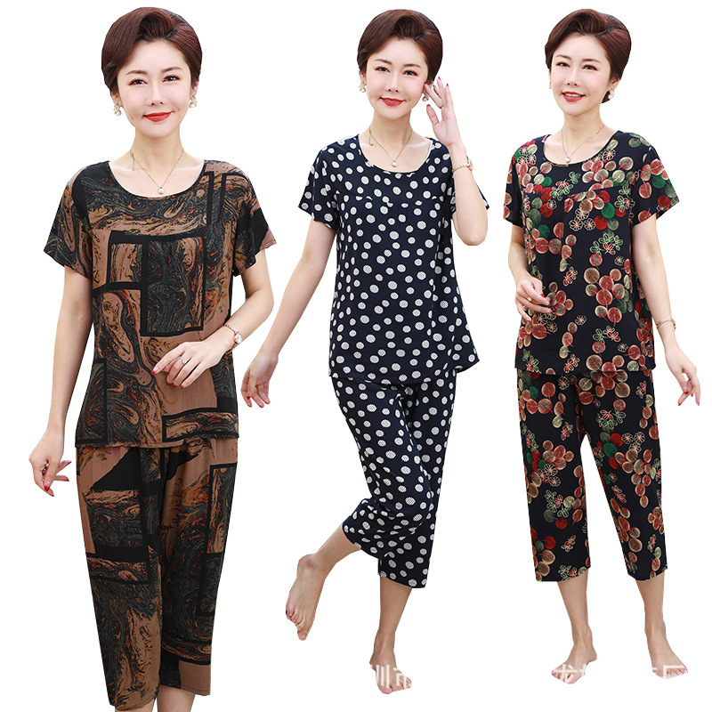 妈妈夏装新款棉绸套装大码奶奶老人衣服夏季短袖T恤衫中老年女装 商品主图