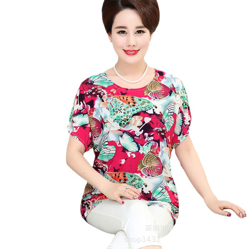 1688地摊货源批发 夏天外贸女装大码冰丝中老年短袖t恤宽松妈妈装 商品主图