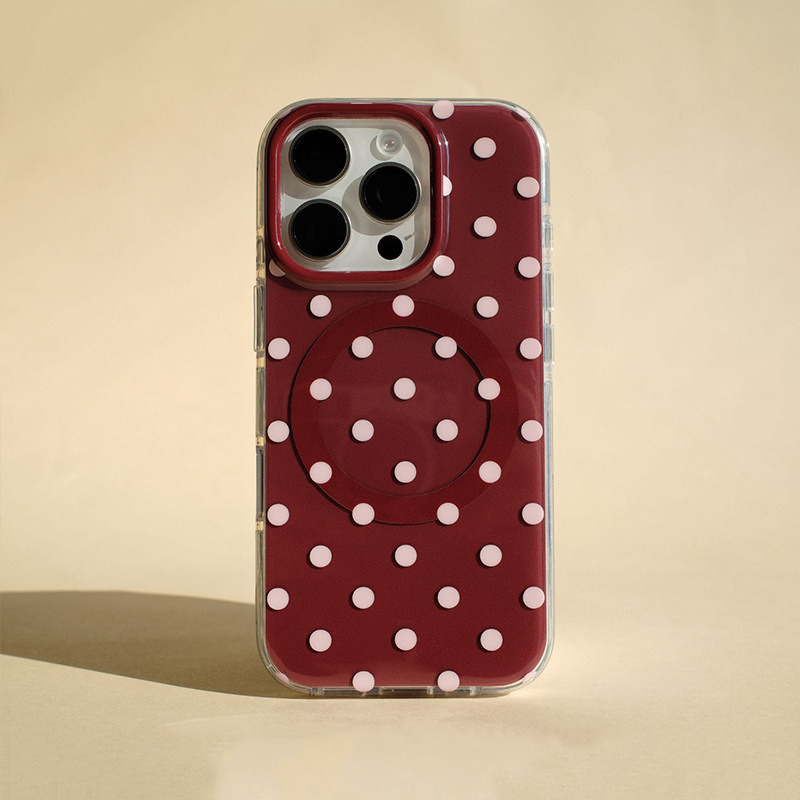 经典波点适用苹果17PROMAX手机壳iPhone15Plus软边硬背14、13高级 大孔IMD磁吸-咖啡莓莓波点 颜色款式图 3