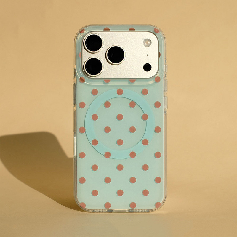 经典波点适用苹果17PROMAX手机壳iPhone15Plus软边硬背14、13高级 大孔IMD磁吸-薄荷蓝棕波点 颜色款式图 4