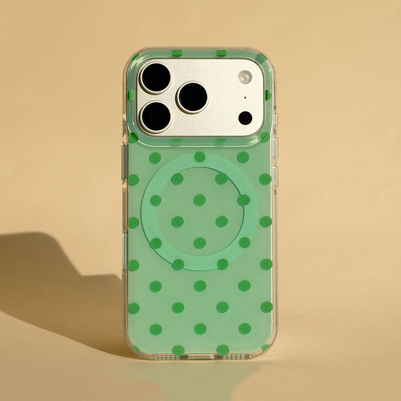 经典波点适用苹果17PROMAX手机壳iPhone15Plus软边硬背14、13高级 大孔IMD磁吸-青草绿波点 颜色款式图 8