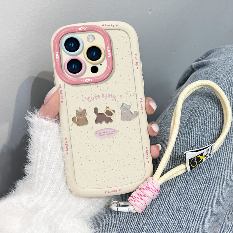咖啡小猫适用苹果15手机壳新款iphone17promax简约13女挂绳16、8p 咖啡小猫+手绳-白色 颜色款式图 8
