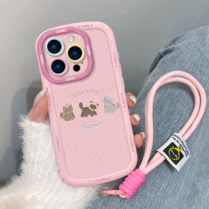 咖啡小猫适用苹果15手机壳新款iphone17promax简约13女挂绳16、8p 咖啡小猫+手绳-粉色 颜色款式图 10