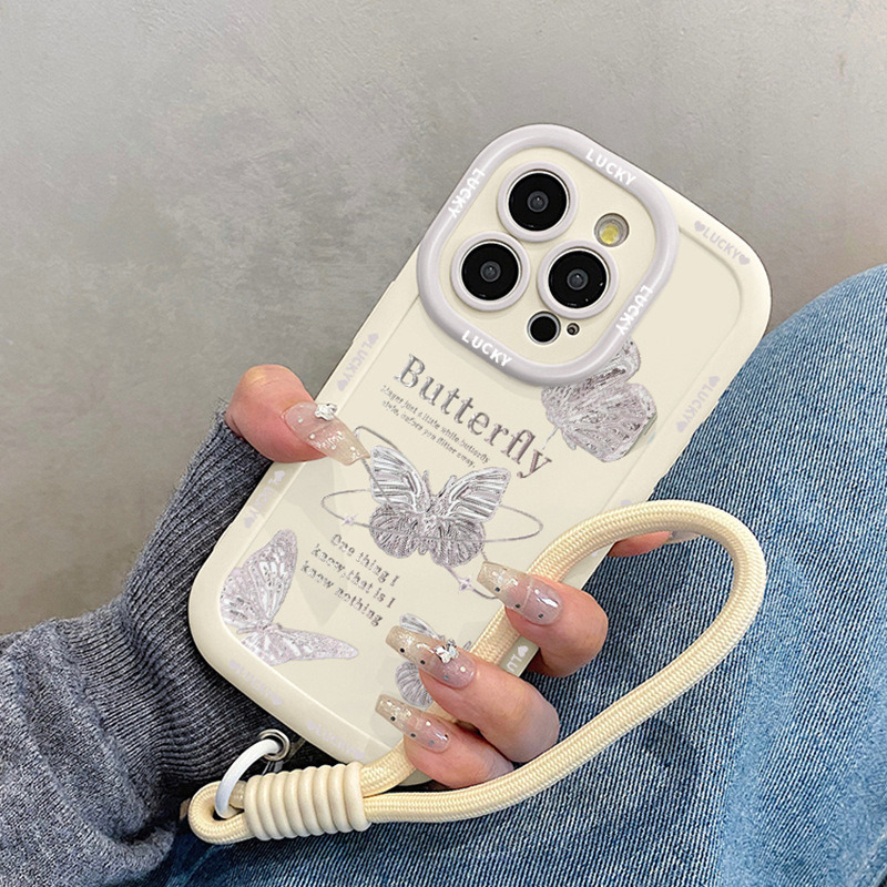 高级感蝴蝶适用苹果17promax手机壳iphone15pro带挂绳14女款13原 泡芙-金属蝴蝶【单壳+挂绳】 颜色款式图 5