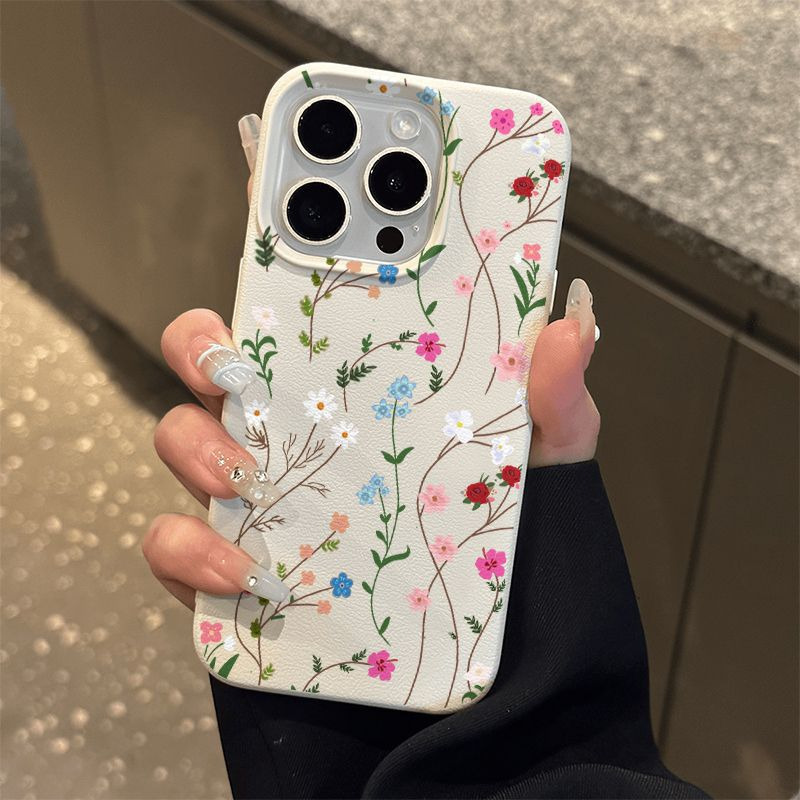 跨境新款适用苹果16PROMAX手机壳iphone17、13、14、15、xr、smax保护 皮纹壳-白色-线条彩色花朵 颜色款式图 6