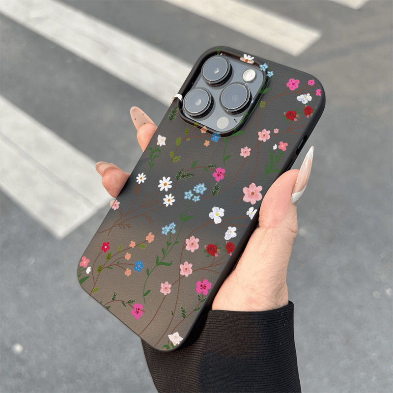 跨境新款适用苹果16PROMAX手机壳iphone17、13、14、15、xr、smax保护 皮纹壳-黑色-线条彩色花朵 颜色款式图 7