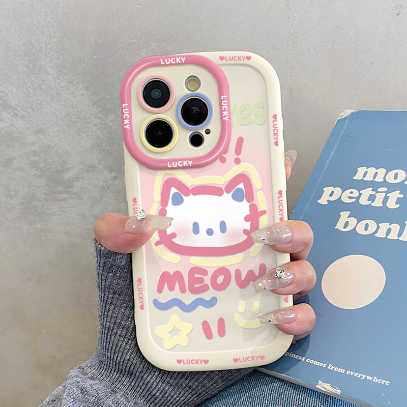粉色猫咪适用iphone17promax手机壳苹果15新款14plus硅胶iphone13 泡芙壳-白色-手绘猫咪单壳 颜色款式图 4