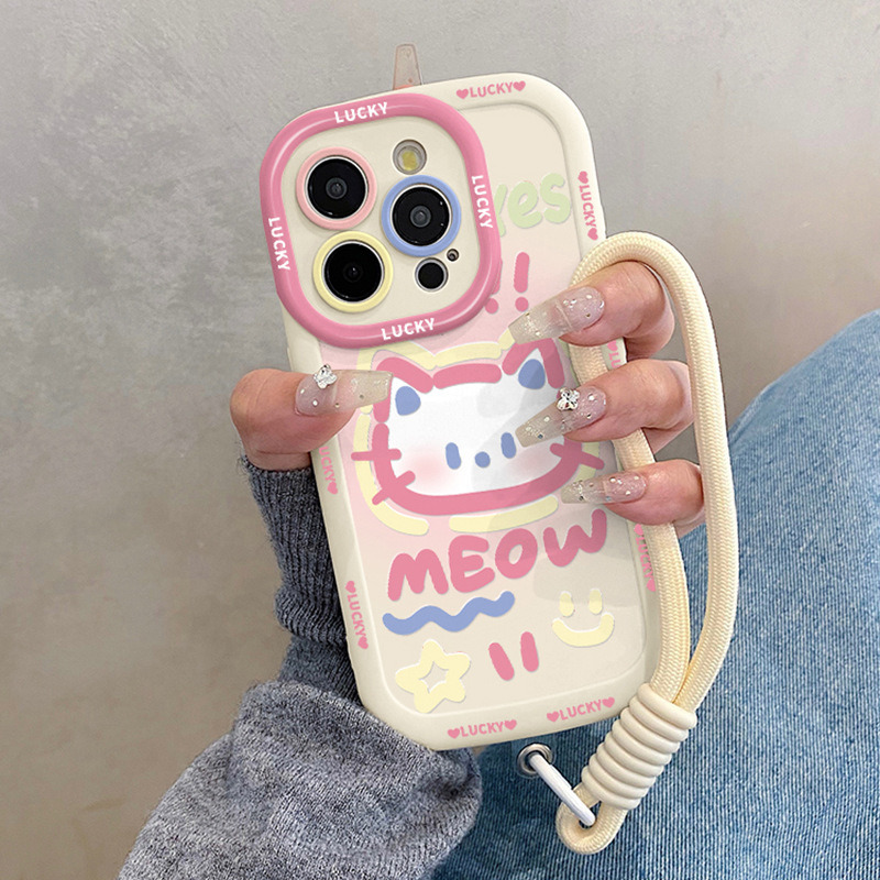 粉色猫咪适用iphone17promax手机壳苹果15新款14plus硅胶iphone13 泡芙壳-白色-手绘猫咪+挂绳 颜色款式图 5